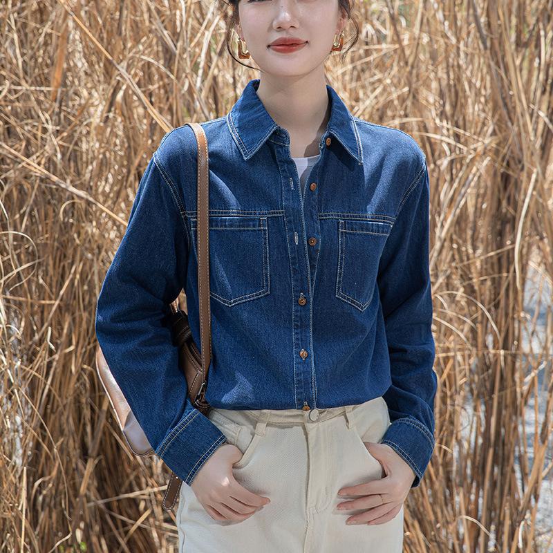 New Winter Denim Shirt for Women's Design Niche Retro Hong Kong Style Loose Long-sleeved Polo Collar Top