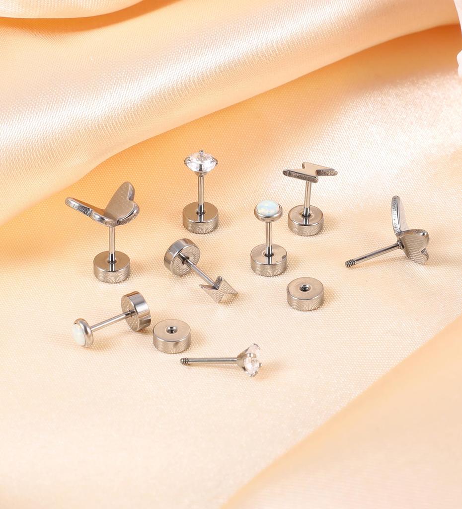 4 Pairs CZ & Opal Flat Back Earrings for Women & Men,  Hypoallergenic Earrings for Sensitive Ears, Screw Back Cartilage Earrings