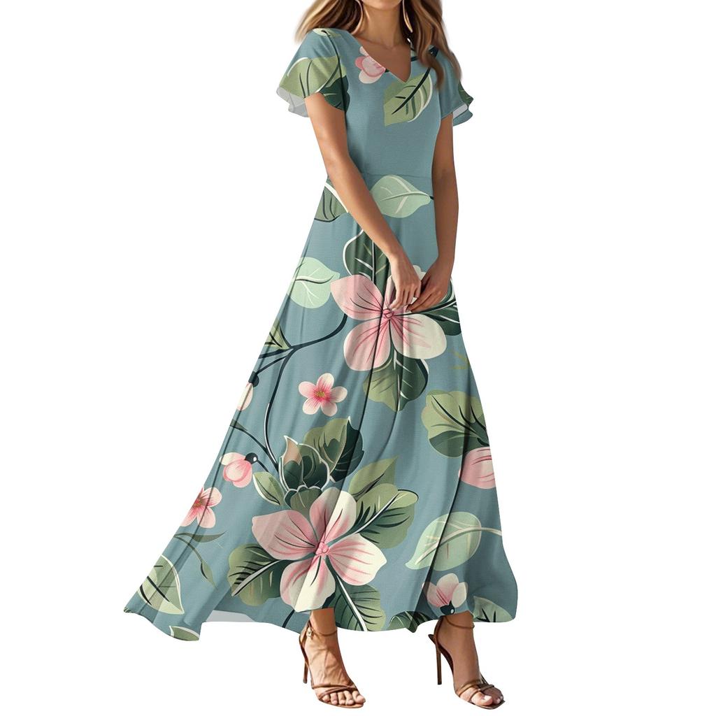 Lässiges Damenkleid mit V-Ausschnitt, kurzen Ärmeln und hoher Taille, Retro-Blumenblatt-Print