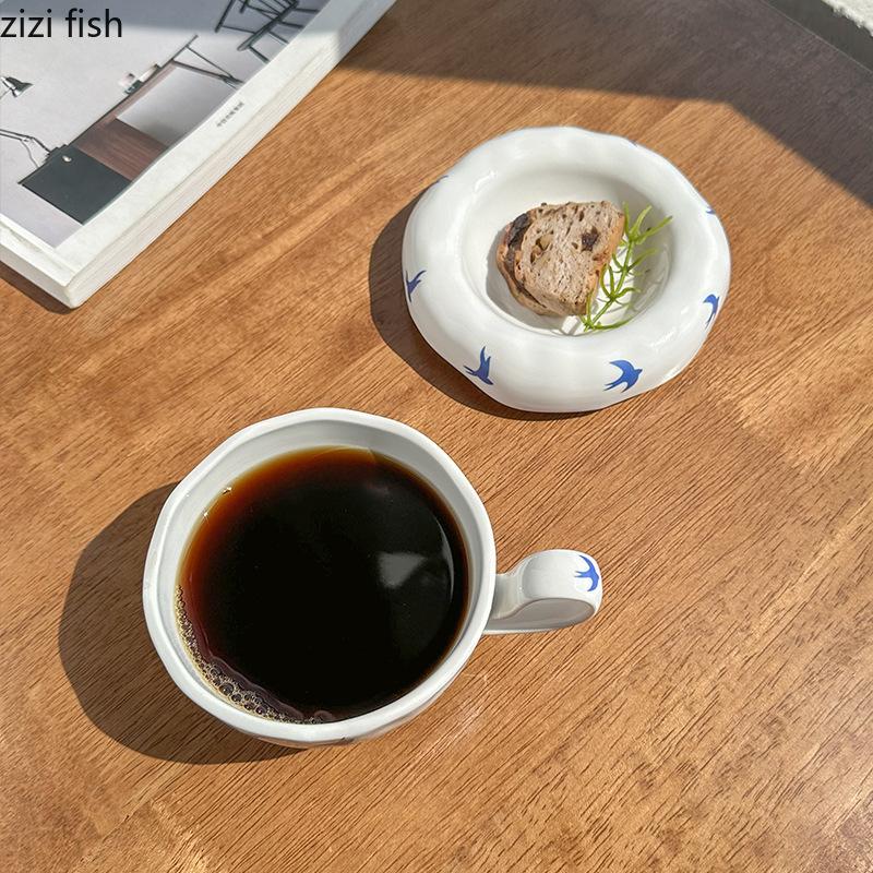 High Footed Flower Coffee Cups and Plates Ceramic Water Cup Afternoon Tea Cup Oat Breakfast Cups Milk Mug Flower Tea Mug