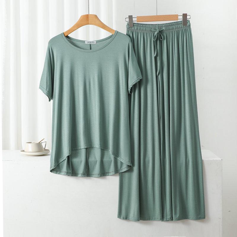 Damen Übergröße Freizeit-Pyjama-Set: Modal Rundhals Kurzarm Oberteil & Weitbeinige Hose