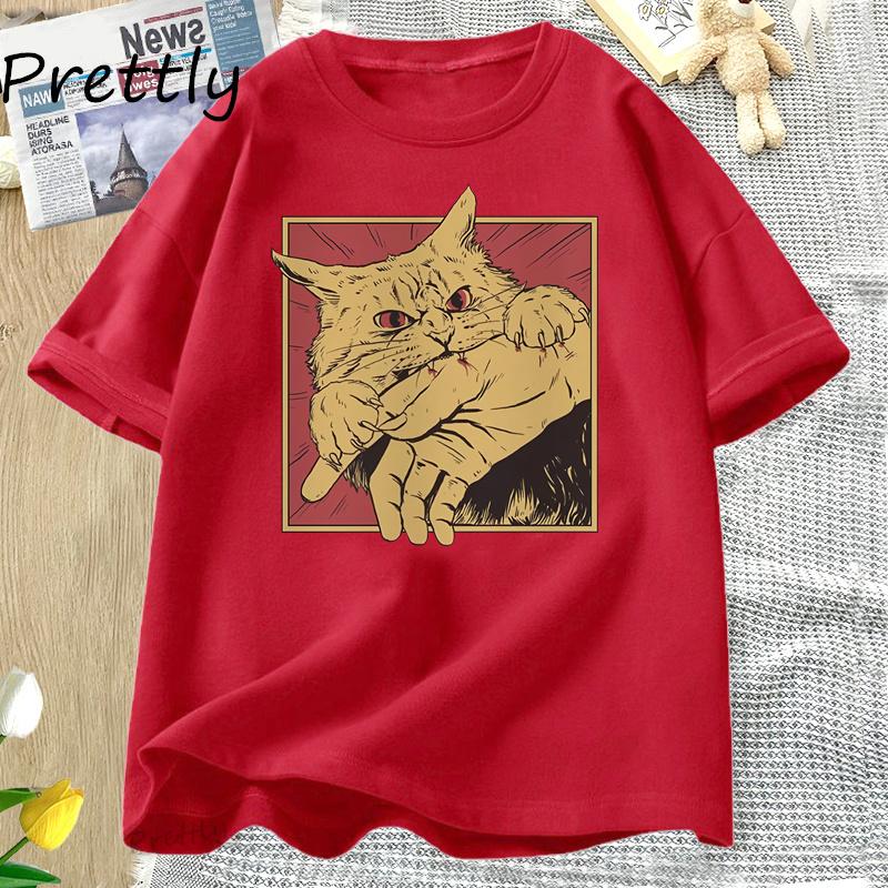 Vintage Cat Bite T Shirt Japanese Horror Retro Graphic Tee Horror Cats Crazy T Shirts Men Women Fashion Short Sleeve Tees