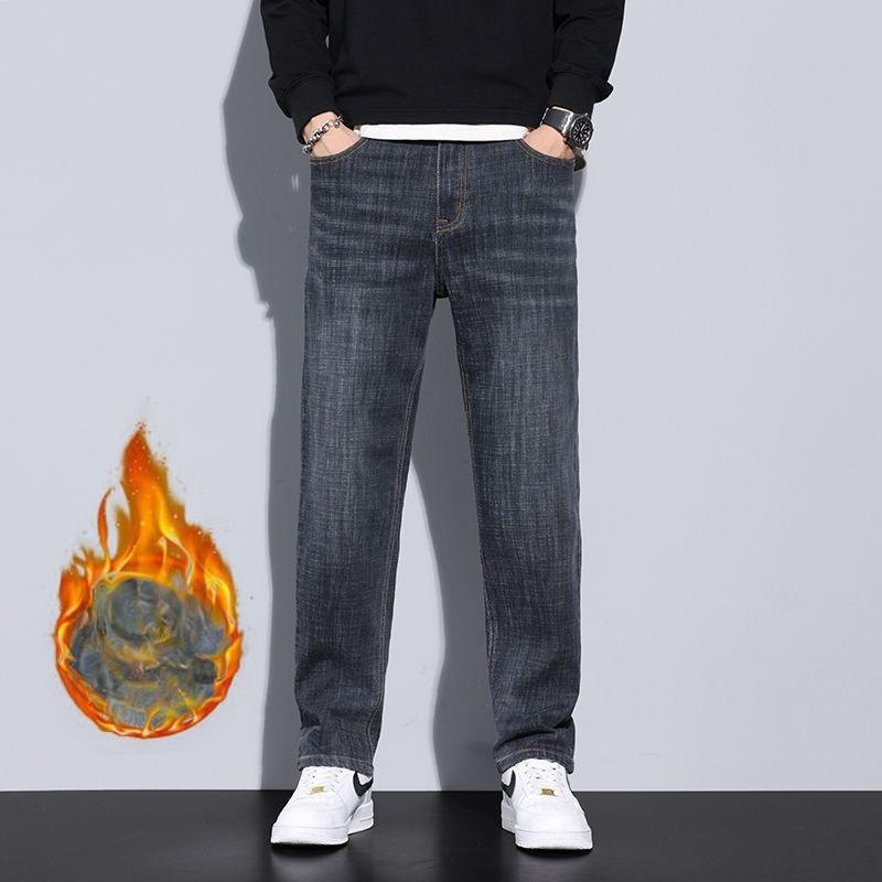 Mens High Street Jeans Fashion Straight Leg Warm Autumn Winter Men Classic Casual Plush Jeans Male Srtetch Baggy Denim Trousers Daily Wear