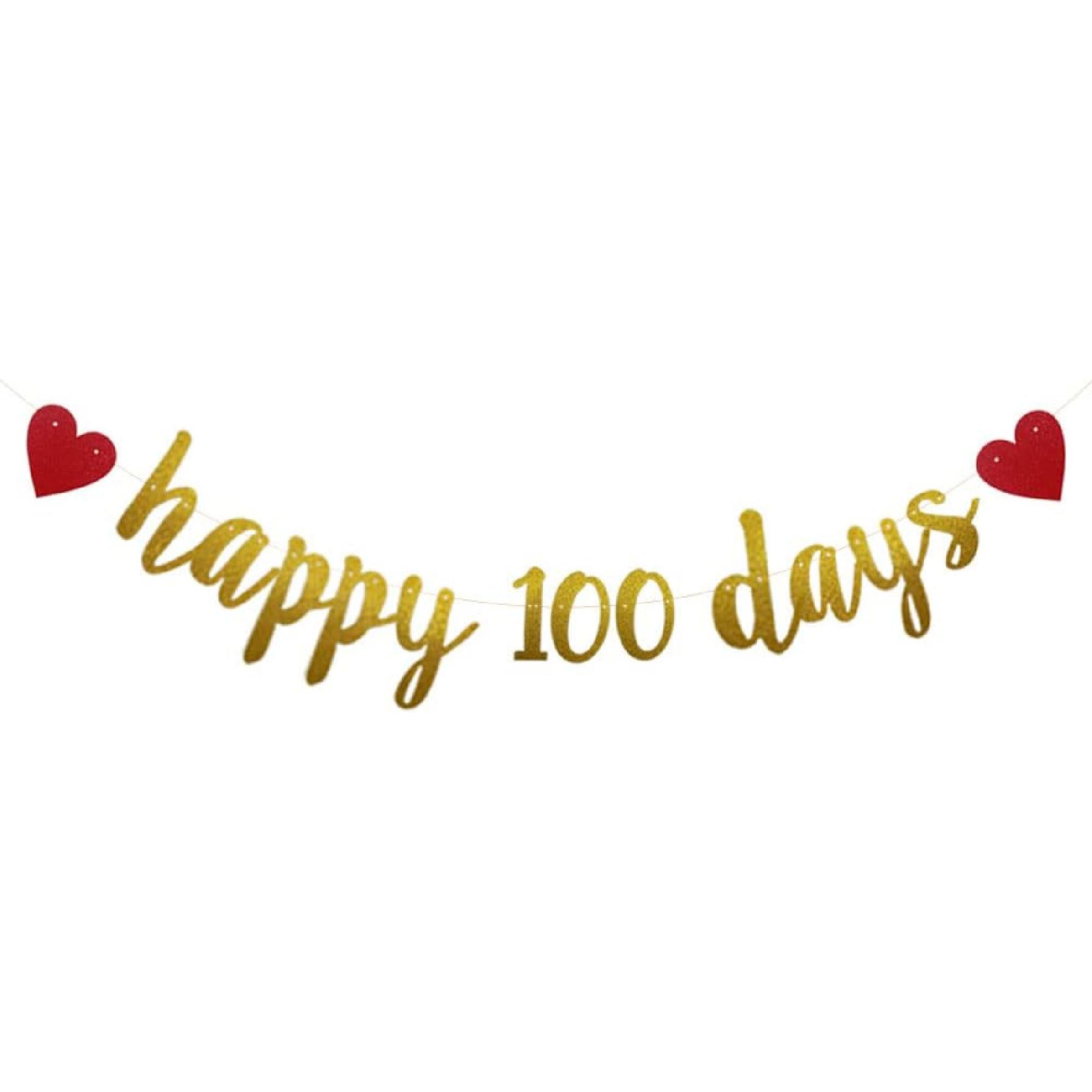 Happy 100 Days Banner, Pre-strung - No Assembly Required, Fall in Love / Wedding / Baby s 100 Days Party Decorations Suppplies, Gold Glitter Paper