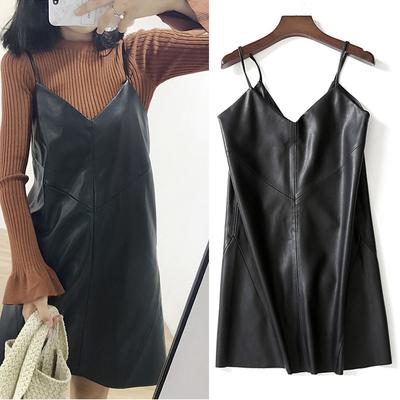 Women's Sling Leather Skirt PU Faux Leather Dress Summer Sleeveless Women Dresses