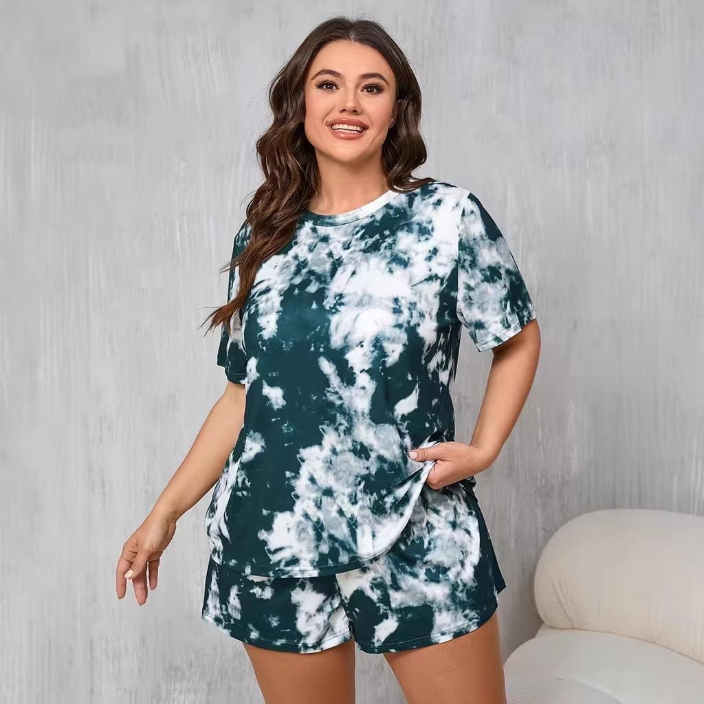 Large size fashion suit women's tie-dye printing casual large size women's clothing suit summer one