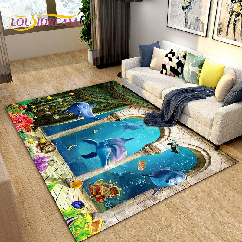 3D Seabed Illusion Underwater World Dolphin Shark Area Rug,Carpet Rug for Living Room Bedroom Sofa Doormat,Non-slip Floor Mat