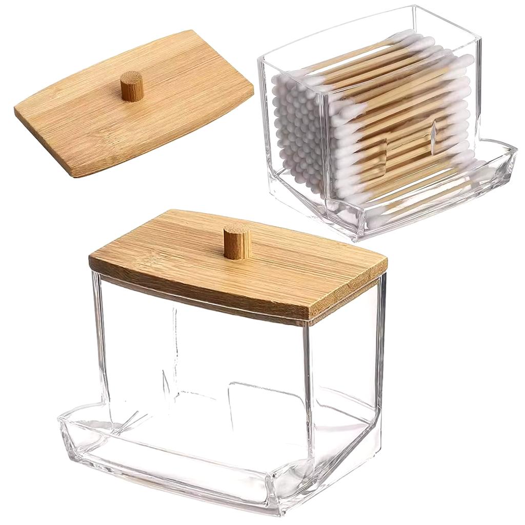 Acrylic Cosmetic Product Storage Box Containing Cotton Swab Container And Bamboo Lid Suitable For Toothpicks And Cotton Items