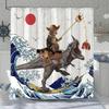 Funny Cat Dinosaur Printed Shower Curtain Ocean Wave Artwork For Bathroom Decor