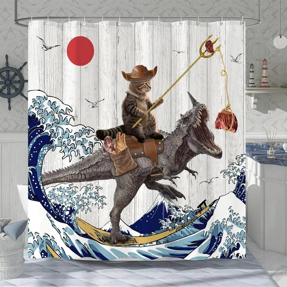 Monika Chen Funny Cat Dinosaur Printed Shower Curtain Ocean Wave Artwork For Bathroom Decor