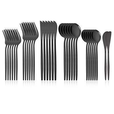Black 32Pcs Dinnerware Set Stainless Steel Dinner Knife Fork Dessert Spoon Butter Knife Flatware Kitchen Tableware Set Service for 6