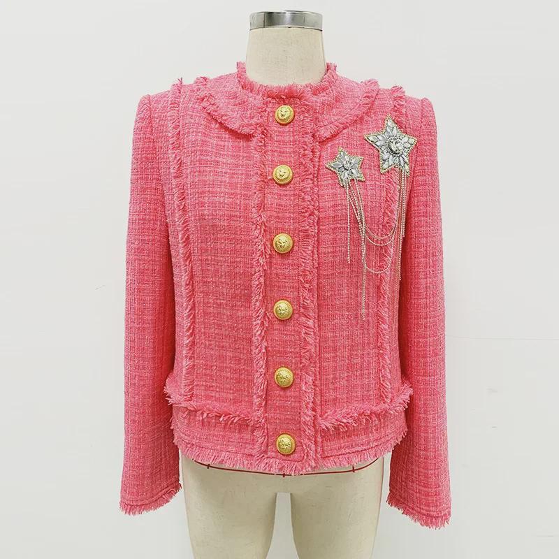 2025 Autumn/Winter European & American Fashion Pink Tweed Wool Jacket with Beaded Badge