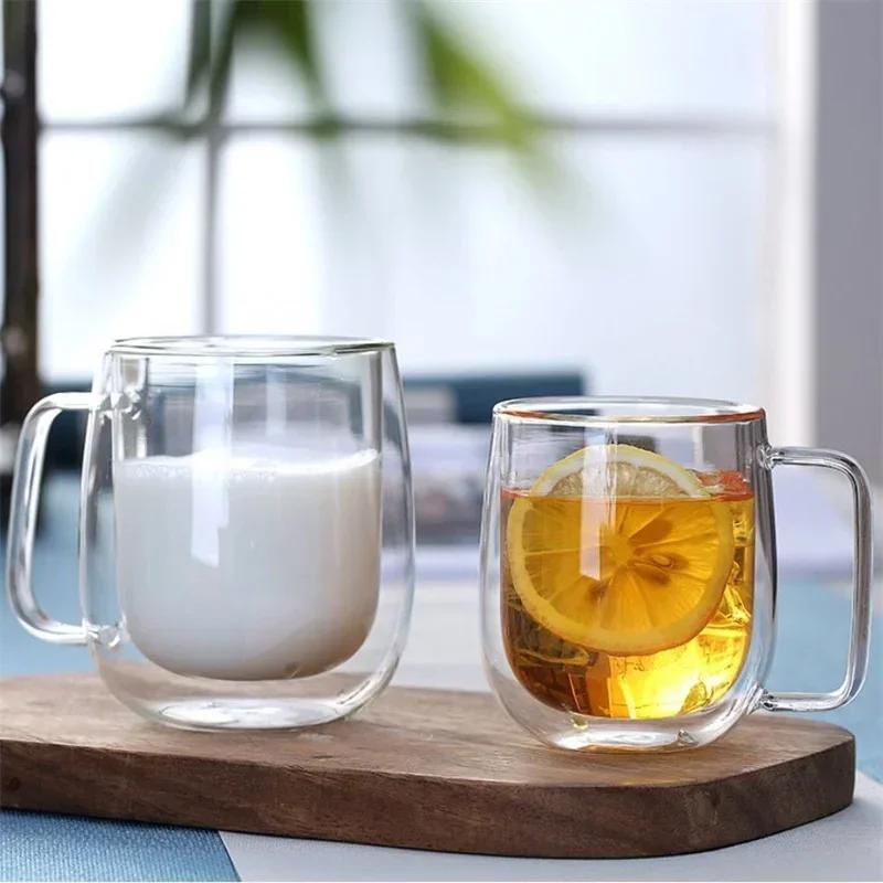 150/250/350ML Glass Cup Double Wall Glass Coffee Milk Beer Cups with Handle Cold and Heat Resistance Home Office Drinking Tools
