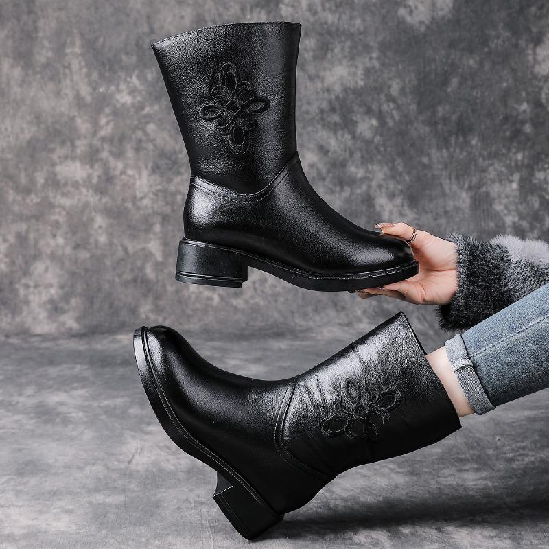 First layer cowhide real wool boots embroidered women's boots medium boots winter new short boots warm fashion mother shoes