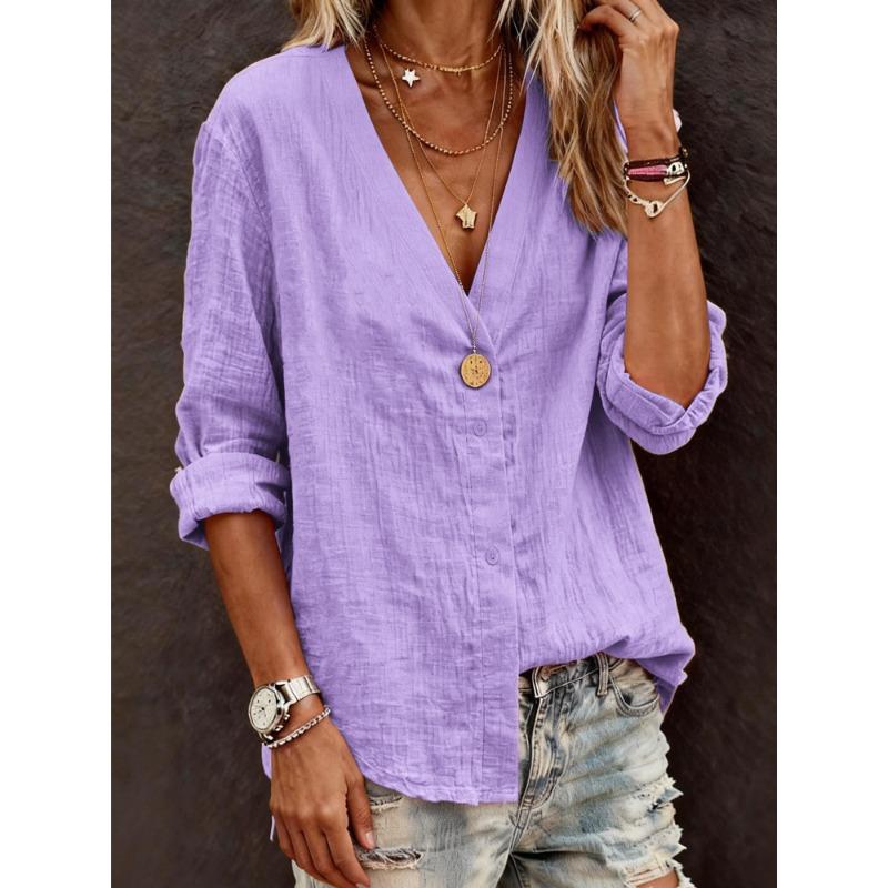 QICED Women's Fashion Casual Solid Color Print Long Sleeve  V Neck Blouses & Shirts