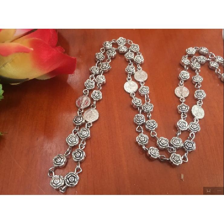 Vintage Silver Rose Bead Rosary Necklace, Virgin Mary Seven Sorrows Medal Crucifix Long Religious Chain For Men Women