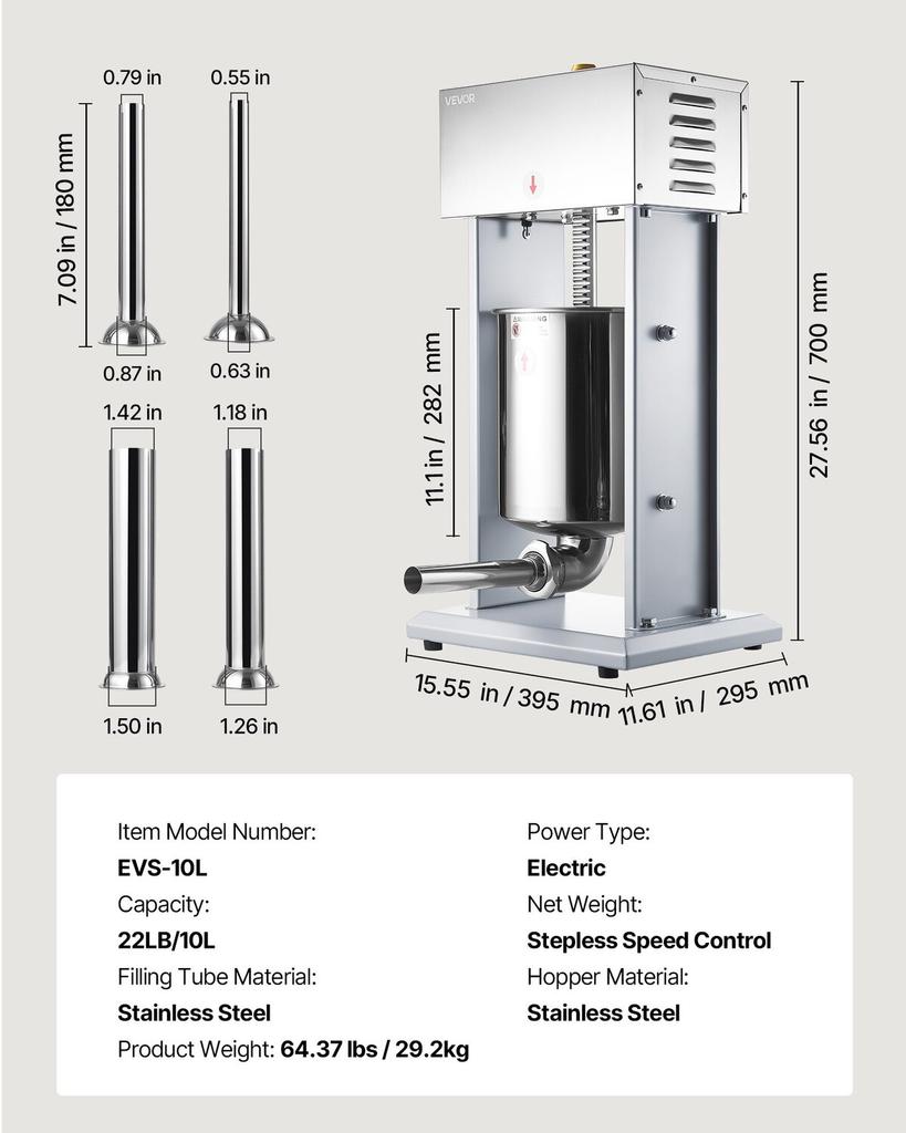 Elektrischer Wurstfüller, 10 kg / 22 lbs Vertikaler Fleischfüller mit stufenloser Geschwindigkeitsregelung, Edelstahl-Wurstfüllmaschine, Fußpedal & 4