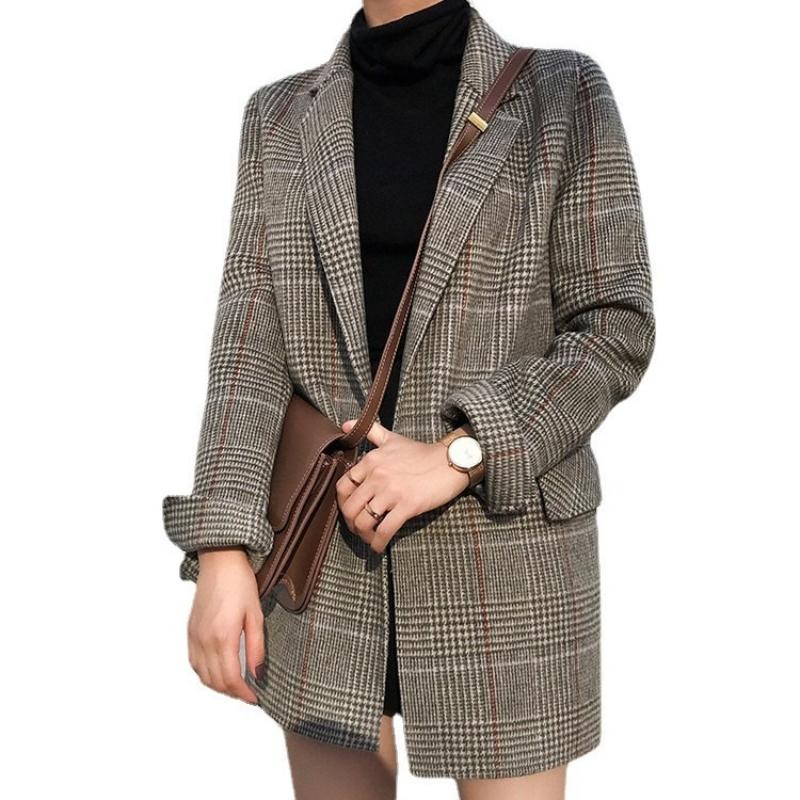 Plaid Suit Vintage Loose Mid-length Autumn and Winter Wool Plaid Small Suit Jacket Women