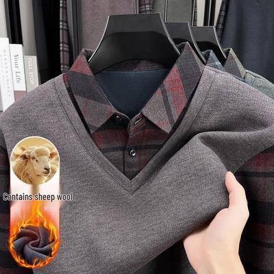 Men's Winter Velvet-Lined Shirt Collar Sweater - Faux Two-Piece Design for Mature Style