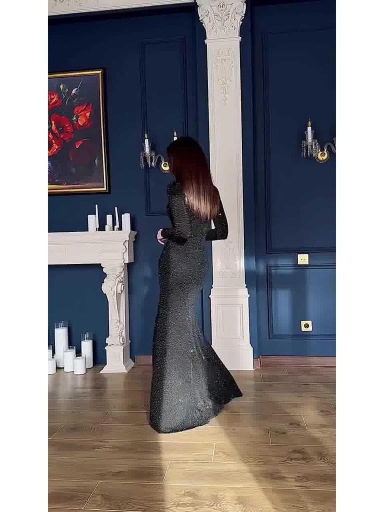 Elegant Black Long Sleeve Slim Dress for Women - Spring 2025 Socialite Style