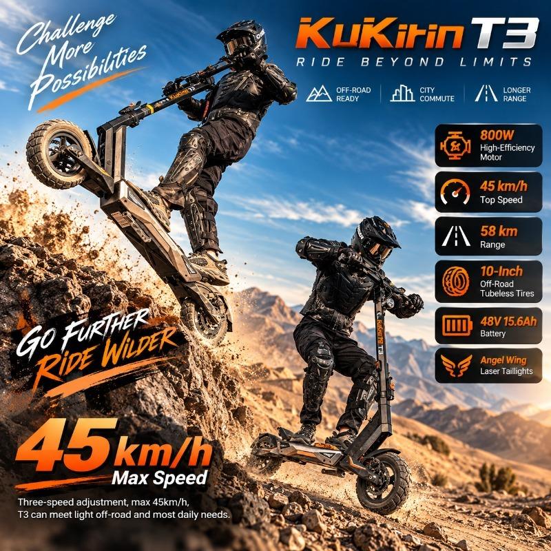 KuKirin T3 Electric Scooter for Adults, 800W Motor, 48V 15.6Ah Battery, 45KM/H Speed, 58KM Range, 10" Tubeless Tires, Foldable E-Scooter
