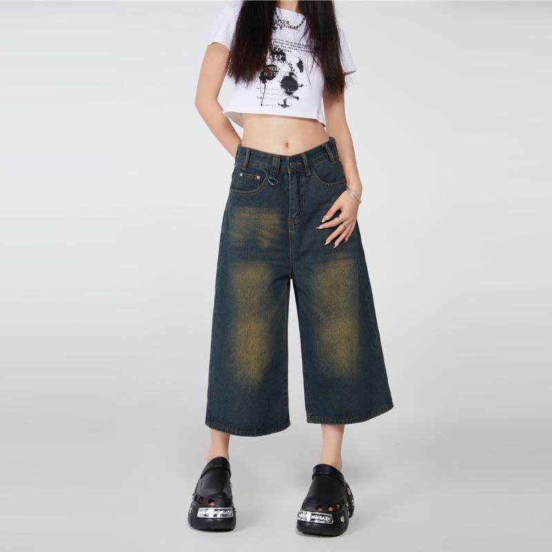 

Мешковатые джинсы А-силуэта для женщин, ретро-прямые широкие джинсовые шорты, повседневные брюки с семью углами, одежда больших размеров, уличная одежда S синий