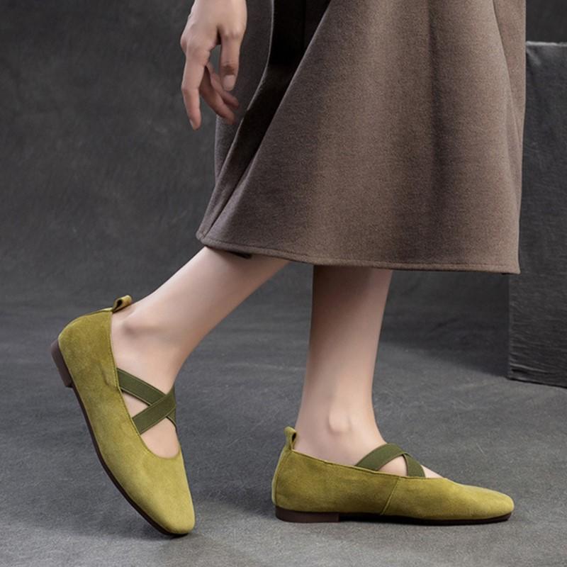 Johnature Cross Strap Square Toe Solid Color Flat Casual Comfortable Soft Sole Women's Slip-on Shoes