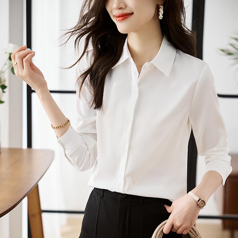 Women's Retro Hong Kong Style Satin Lapel Shirt - Spring/Autumn 2025, Professional Commute Chic, Long Sleeve Top