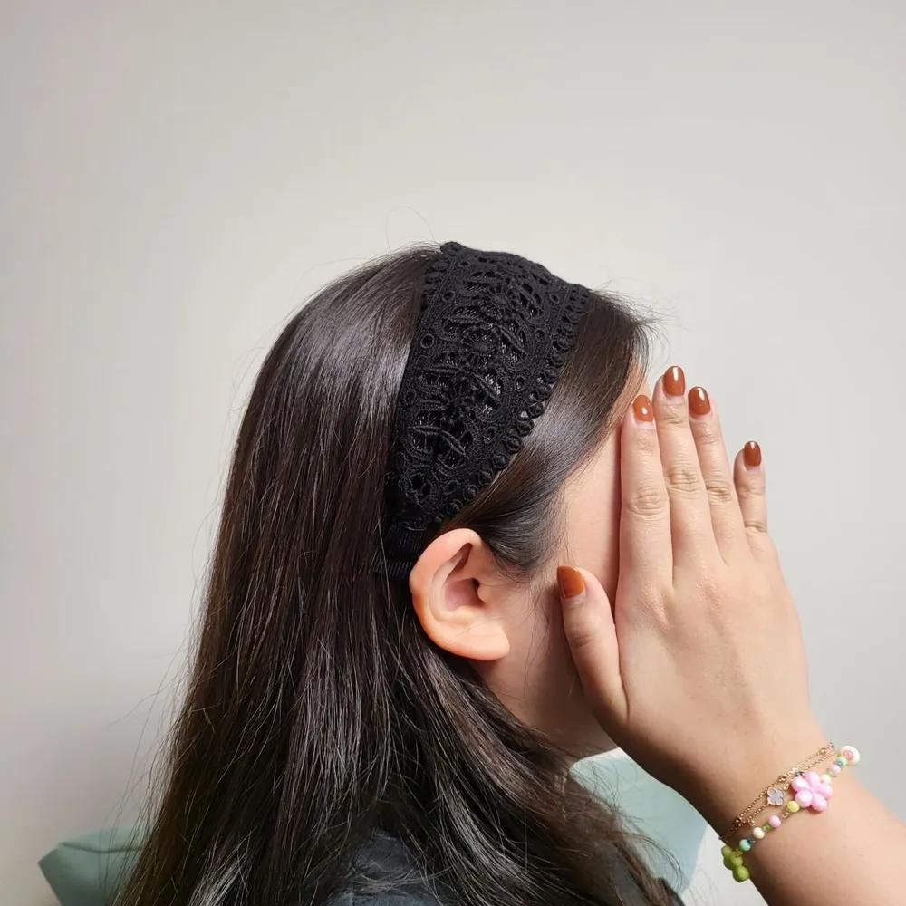 Lace wide floral embroidery point headband 3. Charcoal