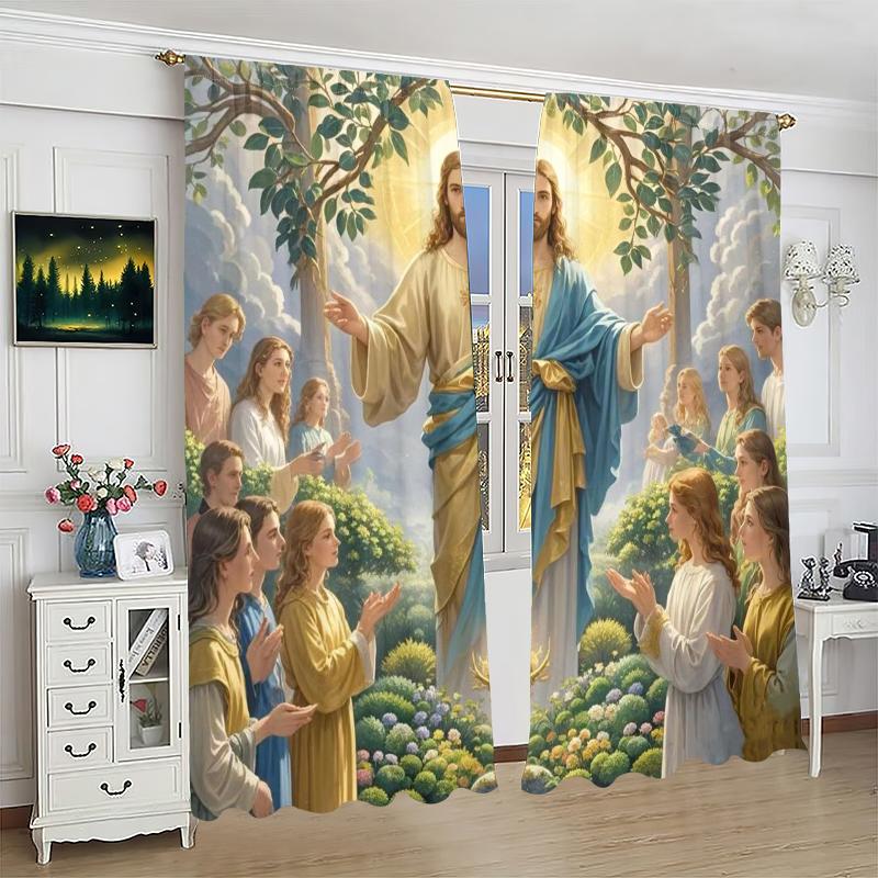 2 Adet- İnanç İletimi - Baskılı perdeler -%100 polyester, yatak odası perdeleri ve oturma odası dekoru için uygundur