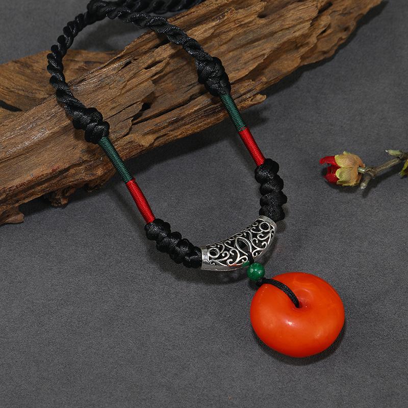 Ethnic Style Imitation Old Beeswax Short Necklace Safety Buckle Pendant Women's Collarbone Chain Retro Woven Pendant Cotton and Linen Accessories