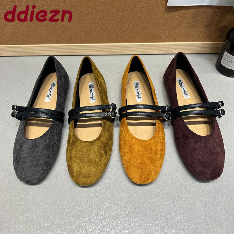 Fashion New Fashion Flock Women Ballet Flats Dance Shoes Round Toe Female Shallow Footwear Buckle Strap Ladies Mary Janes Flats Shoes