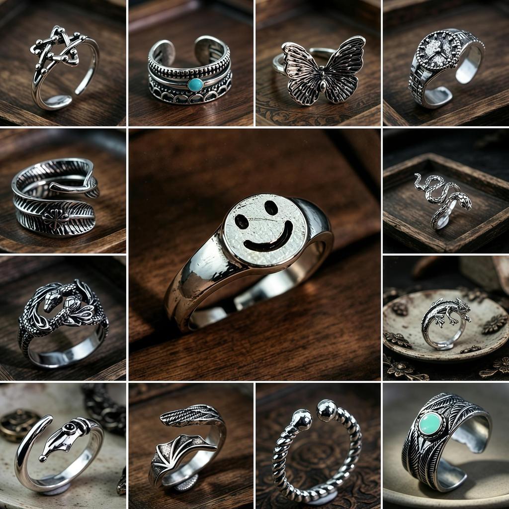 European & American Fashion Retro Smile Face Multi-layer Open Silver Ring - Trendy Korean Punk Simple Design for Women