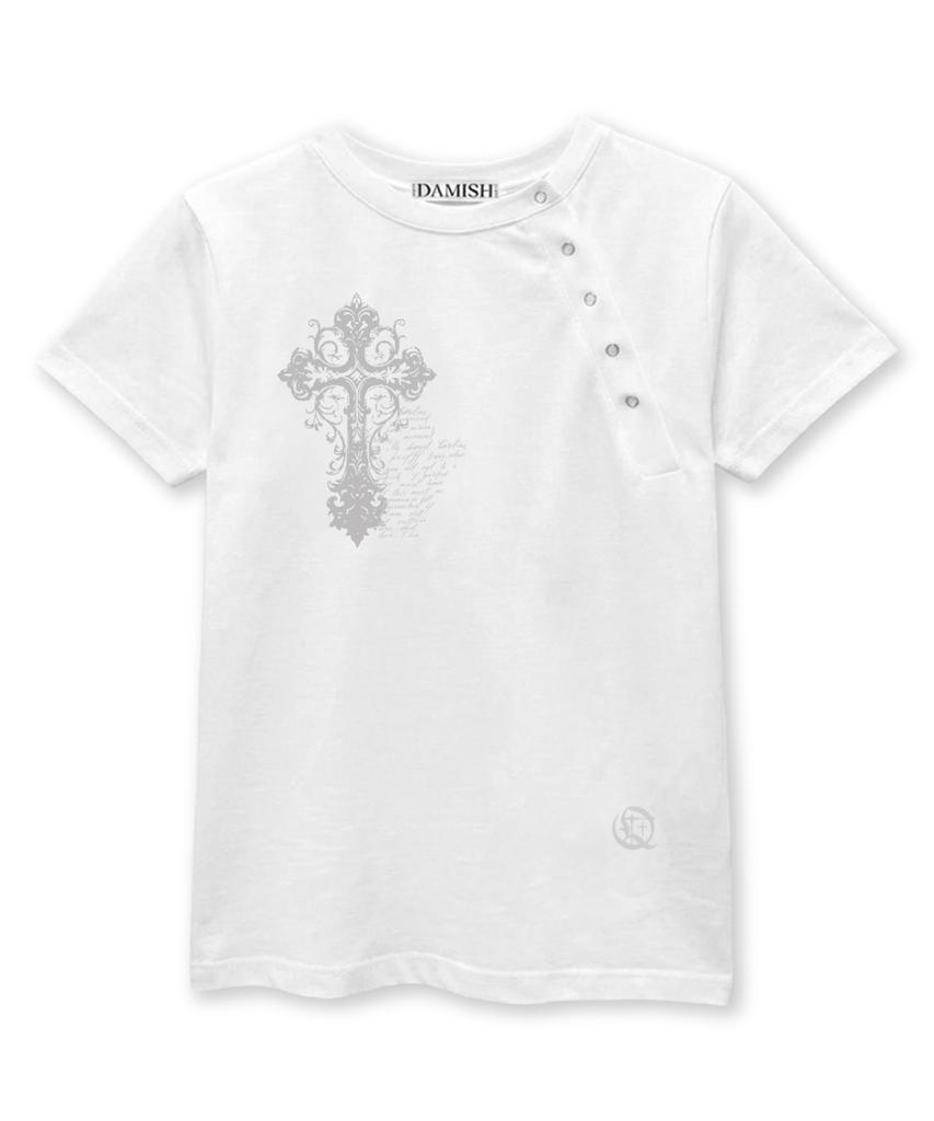 Damiswi Vintage Cross Diagonal Button T-Shirt_Ivory