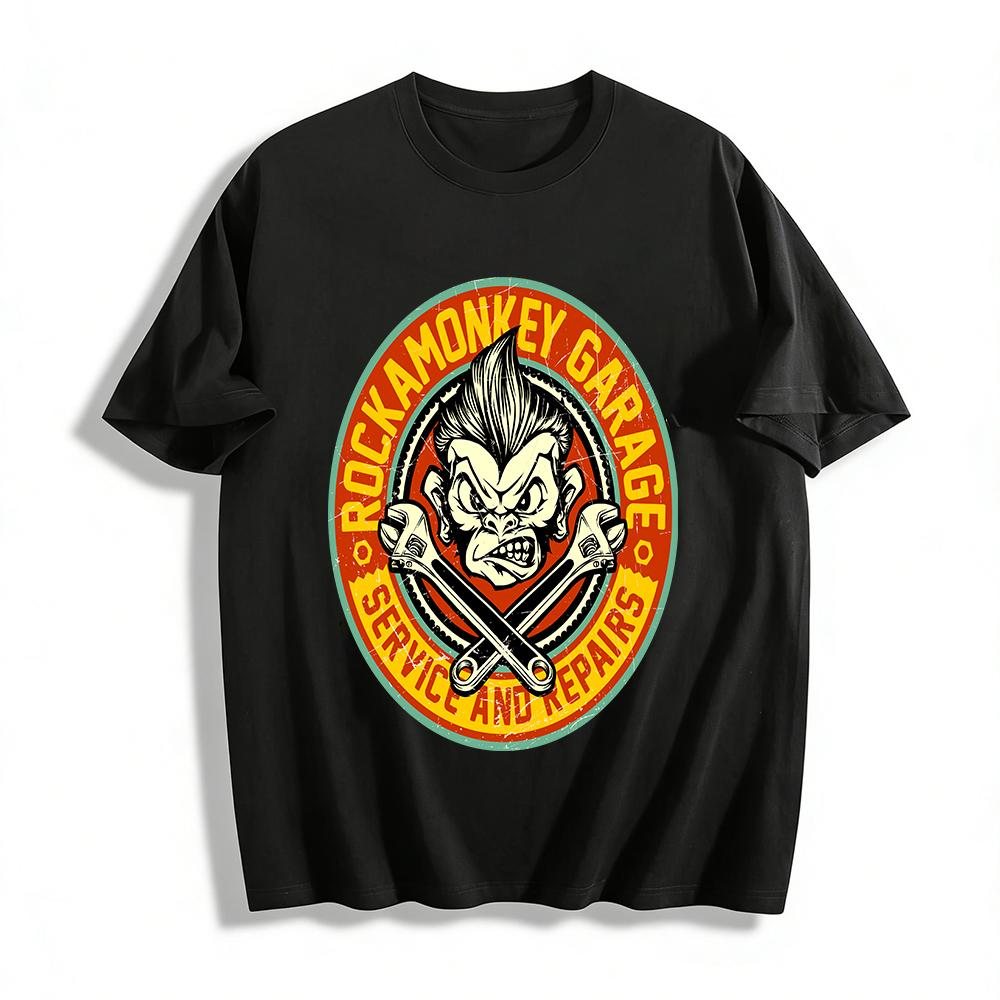 

Rockamonkey Garage Print Tee Retro Mechanic Style Casual Top Pure cotton T-shirt XXS