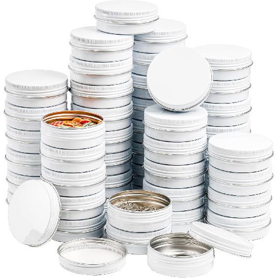 Foraineam 48 Pack 2 oz White Lip Balm Tin Cans, Aluminum Round Cosmetic Sample Containers with Screw Lid, Storage Travel Tin Jars Metal Empty Tins