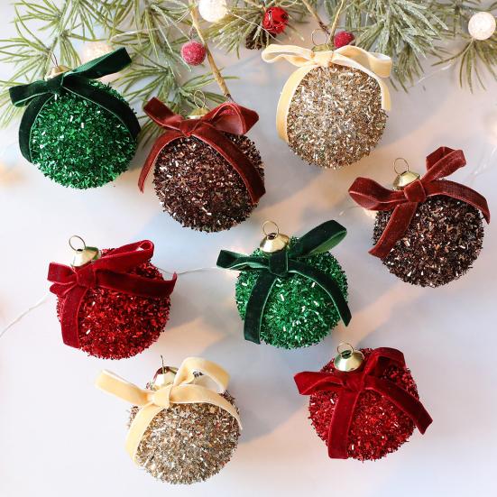 Glitter Christmas Balls Ornament Sparkly Shatterproof Tinsel Balls with Bow Sequin Hanging Ball Xmas Tree Decoration for Xmas Wedding Indoor