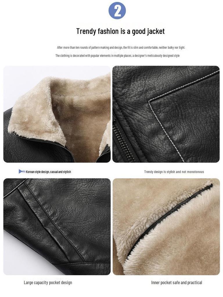 Men's Winter PU Leather Motorcycle Jacket with Lambswool Lining - Korean Style, Windproof, Thickened