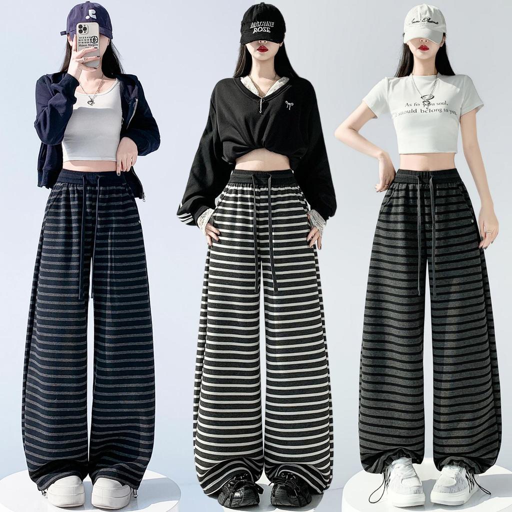 Women’s Spring Striped High-Waisted Wide-Leg Drawstring Pants - Casual Color Block, Loose, Slimming, Two-Wear Style.