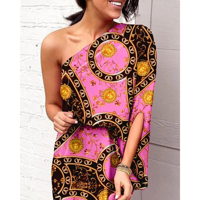 Women's Fashion Summer Spring Colour Block Print Short Sleeve Oblique Collar High Waist Casual Dresses