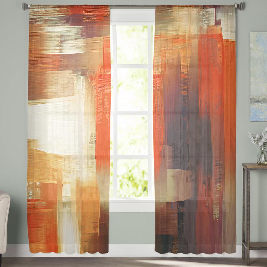 Brown Abstract Hand-Painted Sheer Curtains For Living Room Bedroom Kids Room Tulle Window Drapes