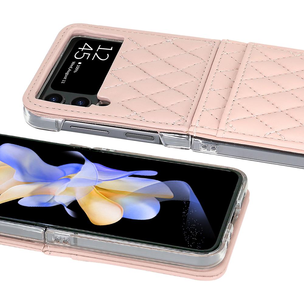 Premium Leather Z Flip 4 Case with Hand Strap and Card Slot for Samsung Galaxy Z Flip 4, Pink