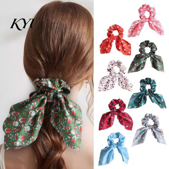 Christmas Hair Scrunchies for Women Girls, Elastic Ponytail Holders with Ribbon Bow, Decorative Wrist Soft Fabric Ties Holiday Party Accessories
