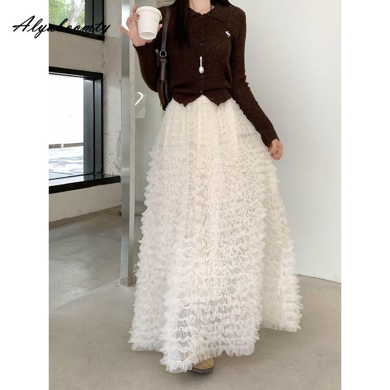 2026 French Style Spring Summer Women Princess Skirt High Waist Beige Black Blue Layered Ruffles Skirt Elegant Feminine Maxi Long Party Skirt
