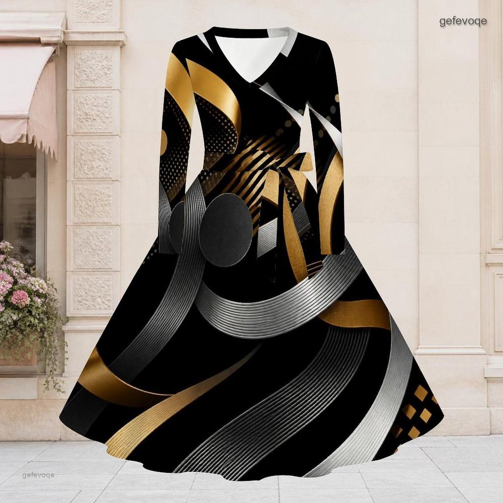 Women Plus Size V Neck Long Sleeve Geometric Printed Black Green A Line Dress With Belt