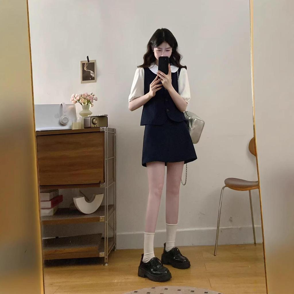 2026 Summer College-Style Doll Collar Two-Piece Top with Elastic Waist Skirt (Long/Short)