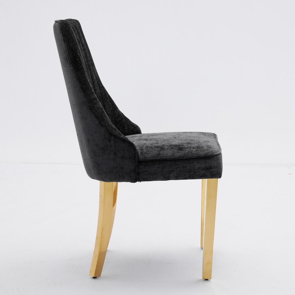 Chaises de salle à manger en tissu rayonne flocké chenille, Chaise d'appoint rembourrée confortable avec pieds plaqués acier inoxydable doré, Lot de 2 (Noir), DE1647BK