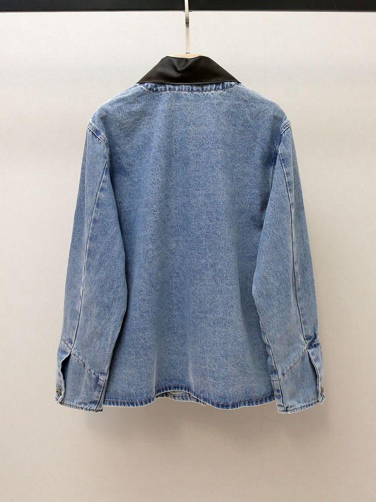 S Family Autumn French Casual Leather Lapel Patchwork Denim Jacket for Women