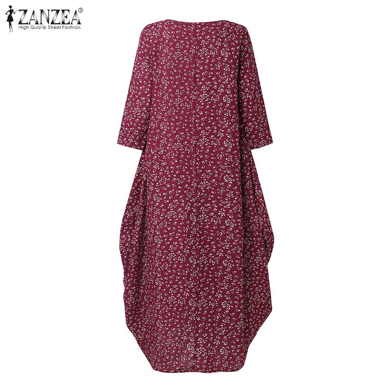 ZANZEA Women Floral Print Casual Round Neck 3/4 Sleeve Cotton Dress
