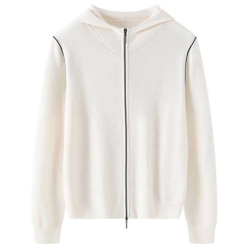 2026 Spring/Summer Women's Fine Wool Hooded Knit Cardigan - Solid Color, Double Zipper Design.